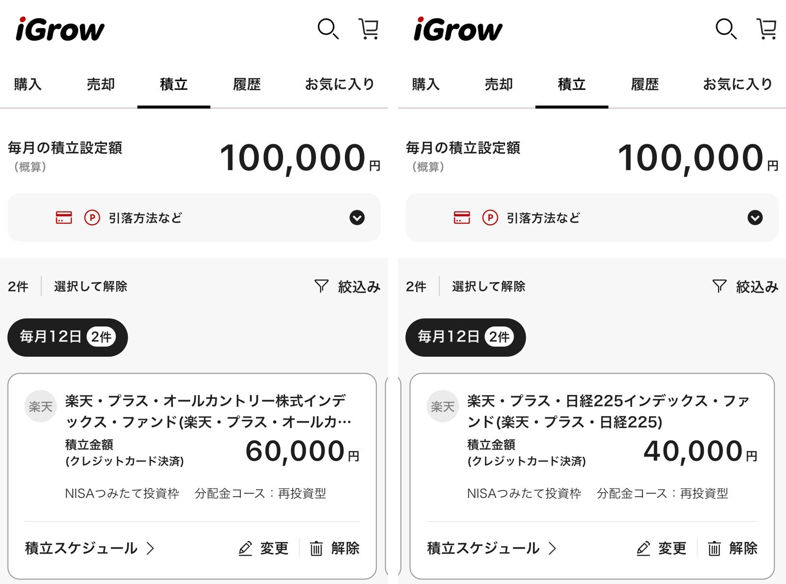 くろまめの楽天証券の積立設定。毎月10万円を、オルカン6万円・日経225 4万円でNISAのつみたて投資枠に自動で積み立てている